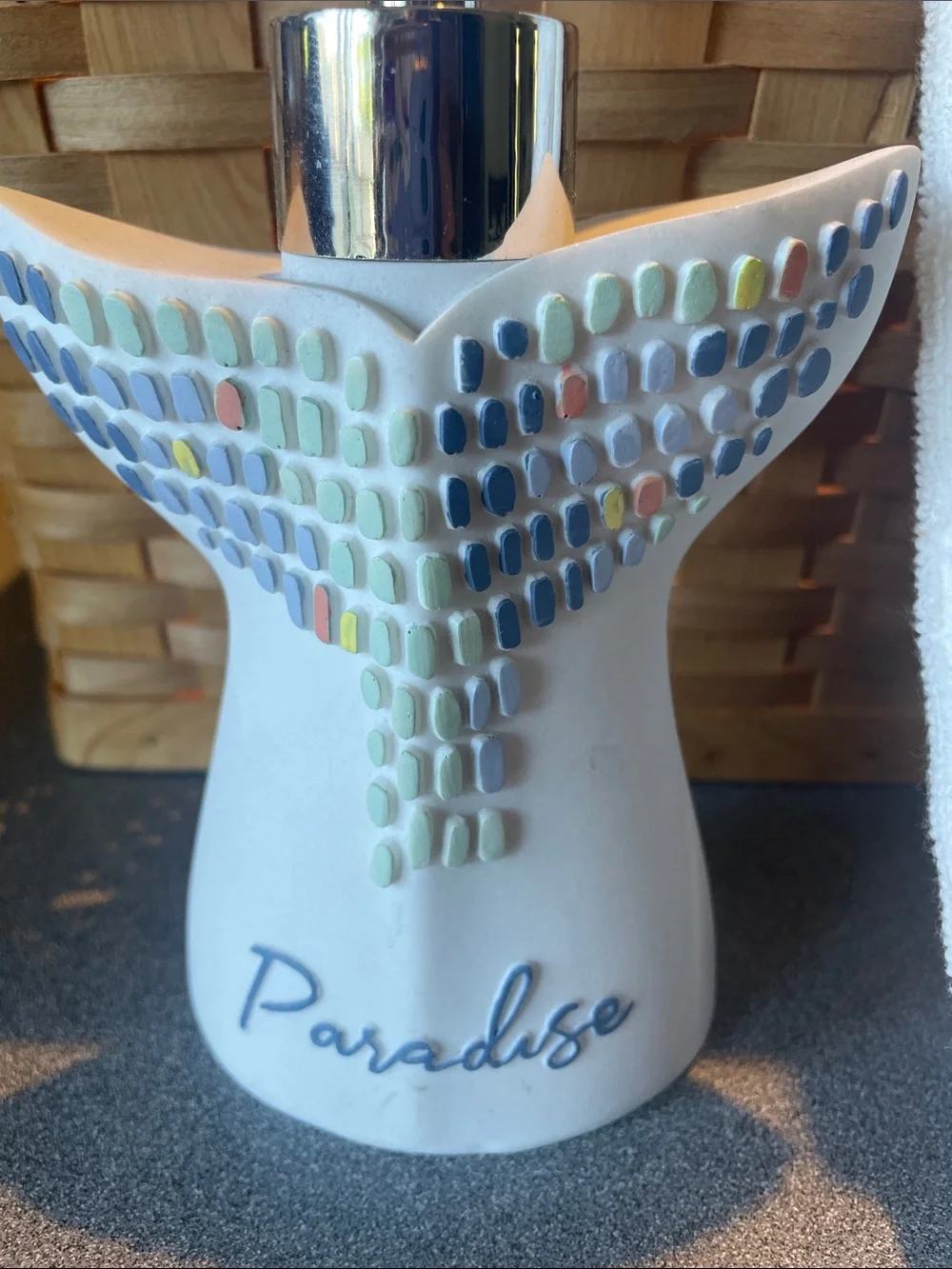 Broyhill White Coastal Set NWT. Soap dispenser & Hand Towel colorful Whale Tail
